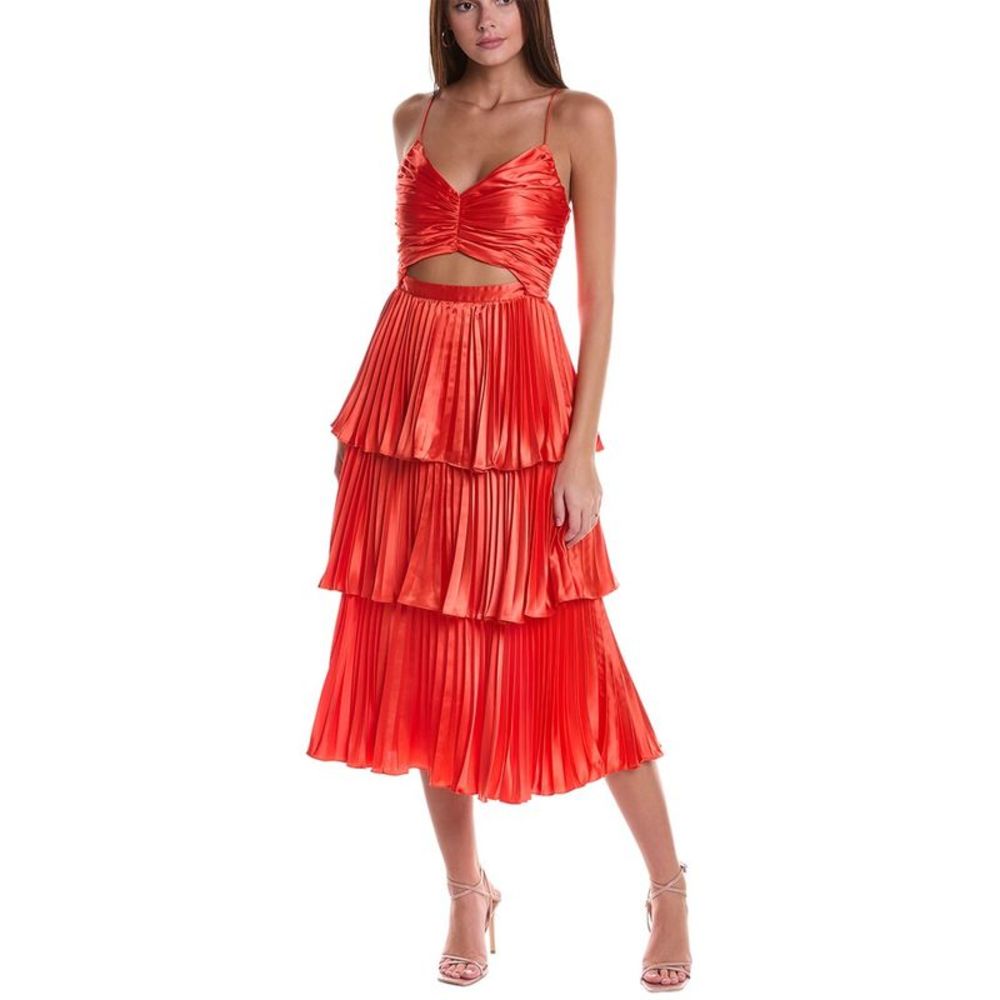 AMUR Red Tiered Satin Midi Dress
